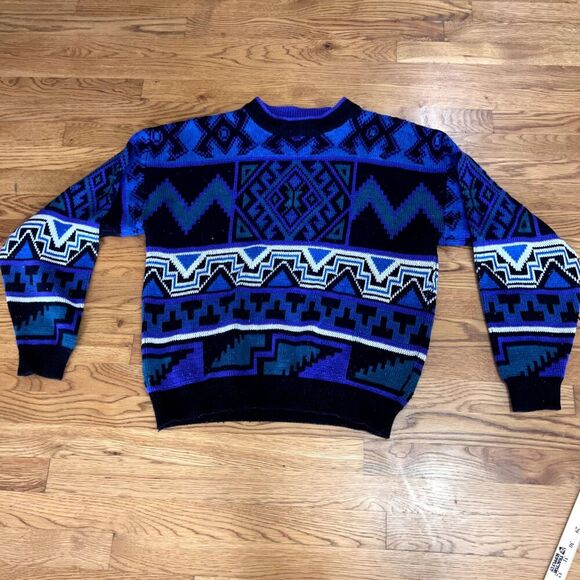 Vintage 90s Todays News‎ Rainbow Geometric Knit Baggy Crewneck Sweater  XL - Picture 1 of 4